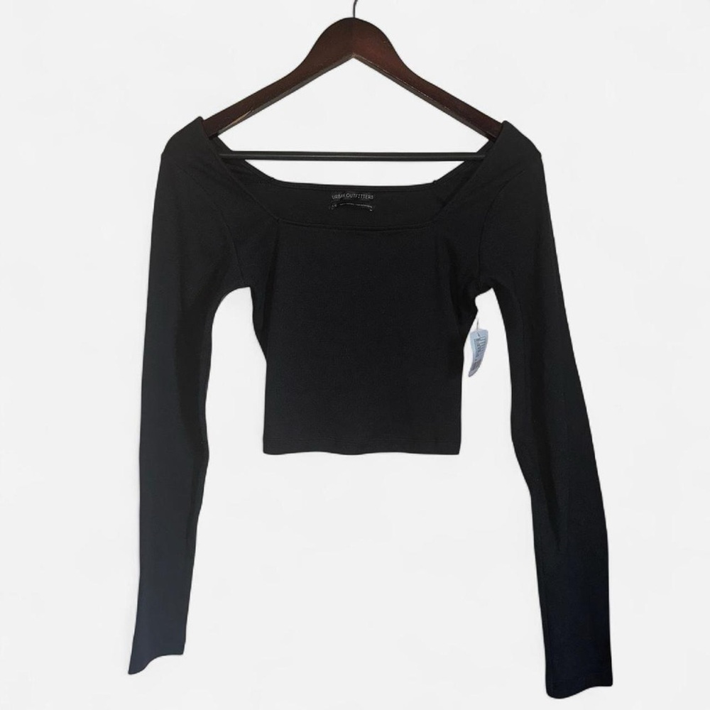 Urban Outfitters UO Black Ribbed Wide Square Neck Long Sleeve Cropped Shirt Crop